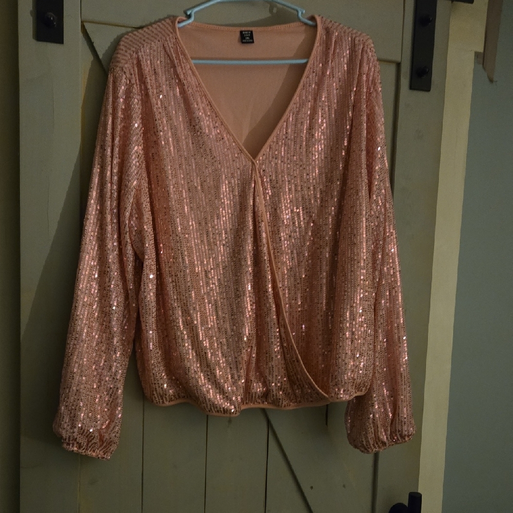 SHEIN Sparkling Sequin V-Neck Blouse - Pink
